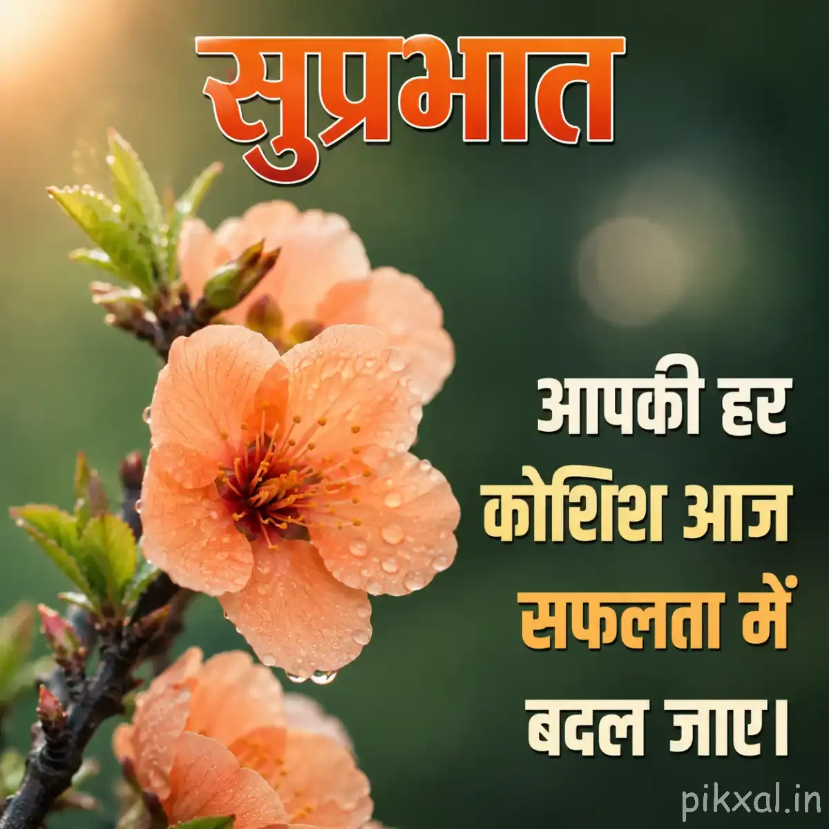 Peach-orange flowers with layered petals and unopened buds along a woody branch with a Hindi morning message