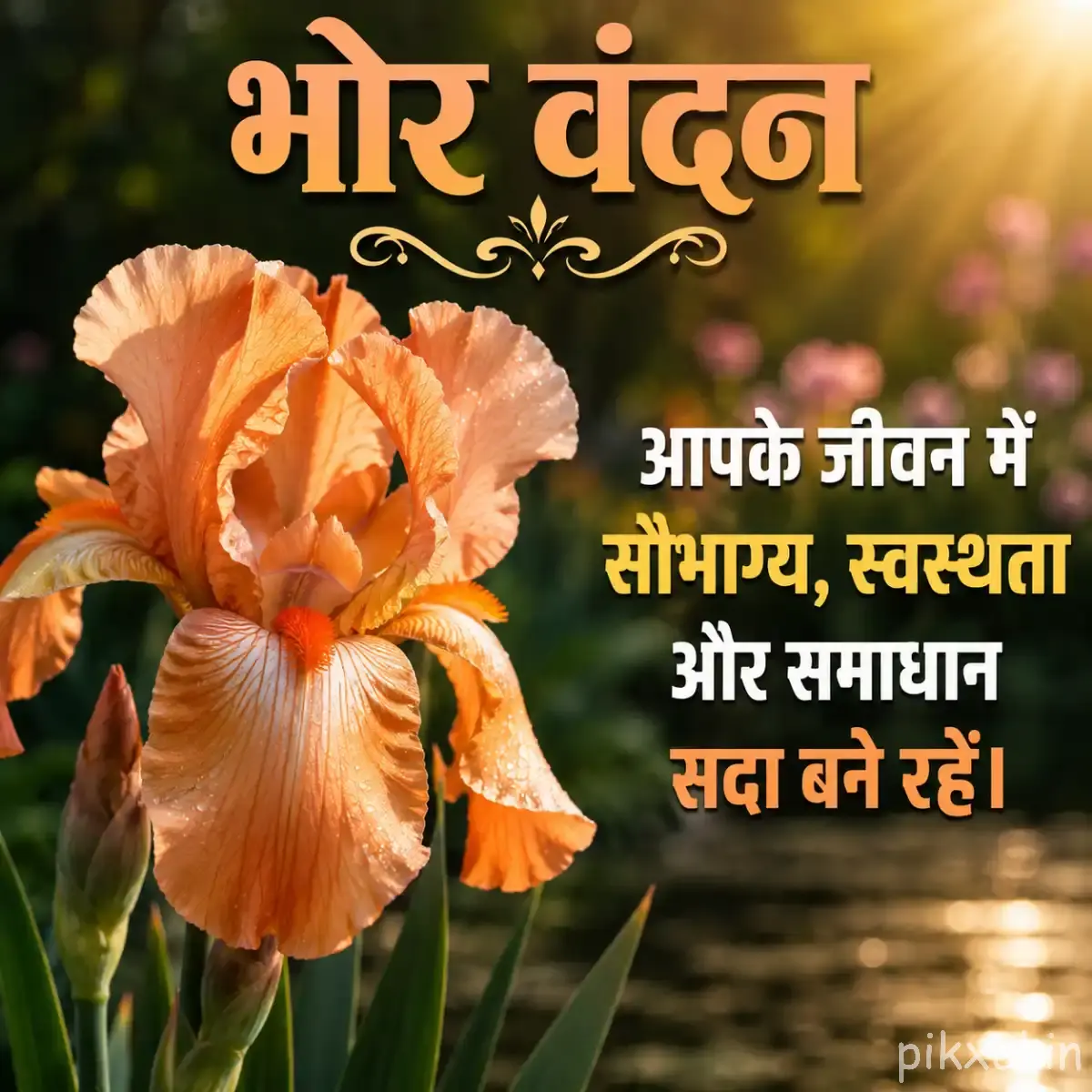 Peach-orange flower with broad ruffled petals and a dark center against softly blurred greenery with a Hindi morning message