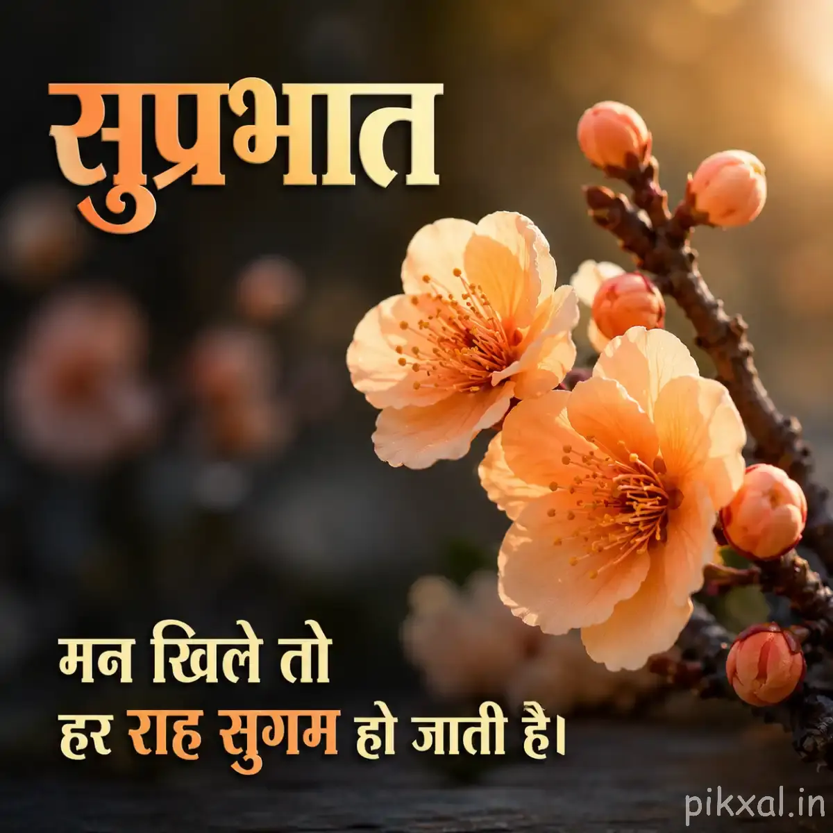 Peach flowers with layered petals and unopened buds arranged along a woody branch with a Hindi morning wish