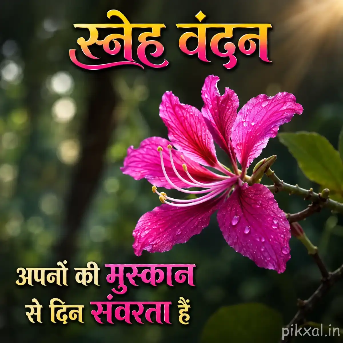 Vivid pink flower with long ruffled petals and visible water droplets against dark blurred greenery
