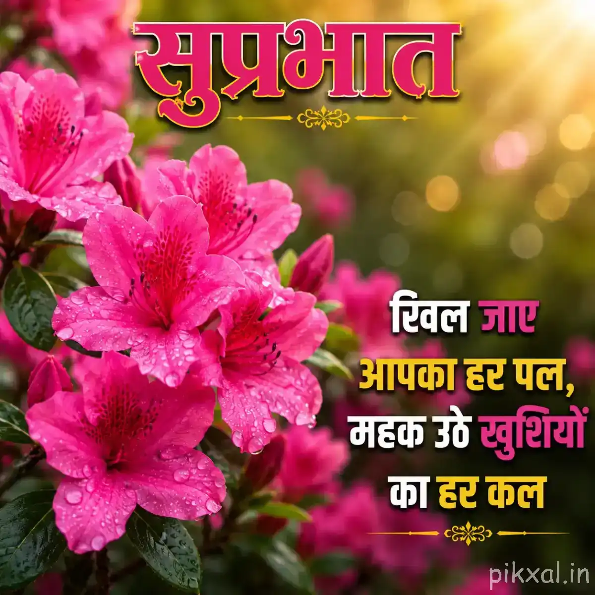 Cluster of bright pink ruffled flowers with green leaves and warm golden bokeh behind a Hindi morning wish