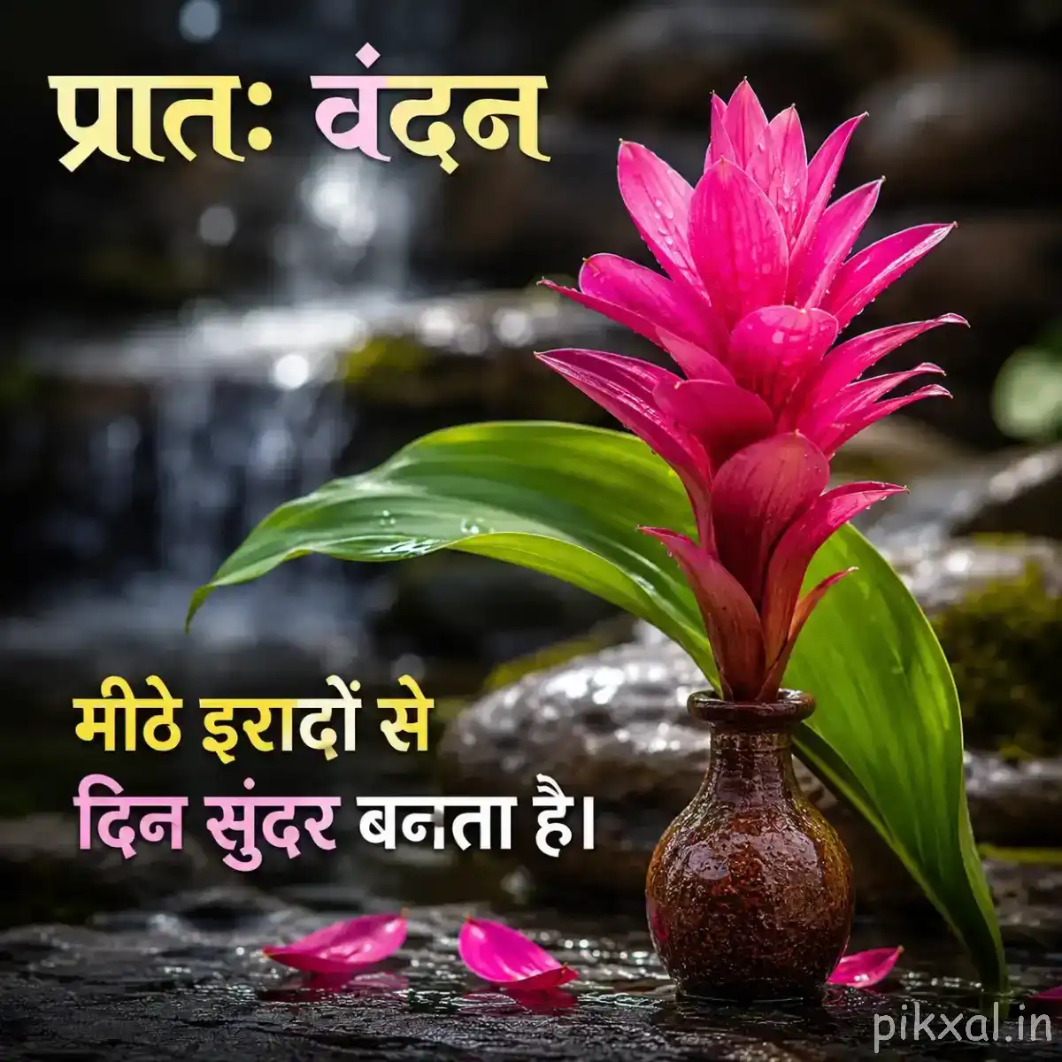 Upright pink flower with long green leaves growing from a small clay pot near water