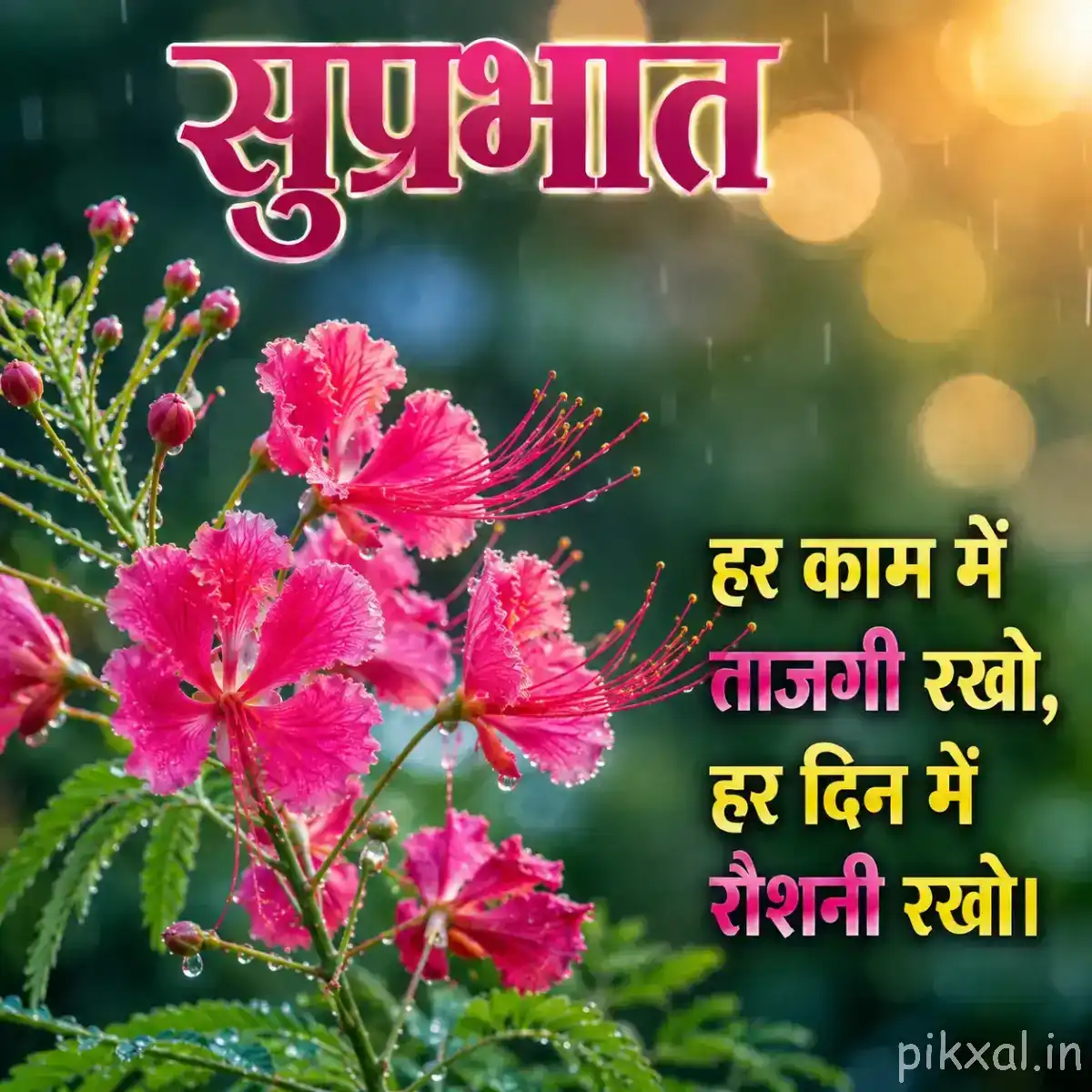 Several bright pink flowers with long stamens and green leaves against warm golden bokeh