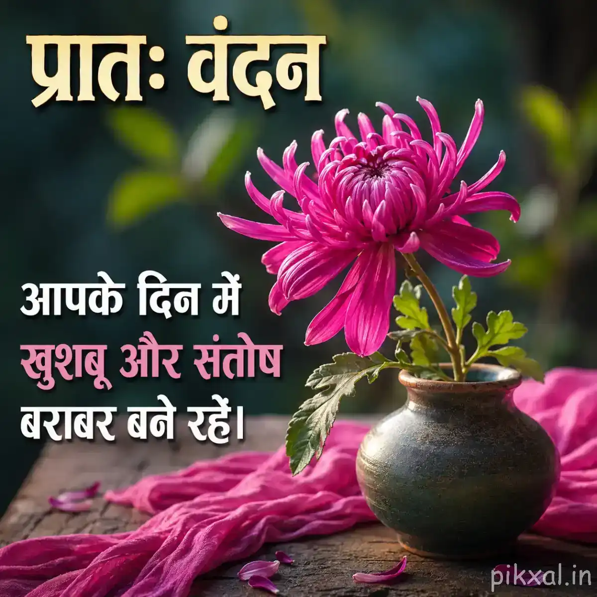 Spiky pink flower with narrow petals displayed in a dark clay vase beside fallen petals