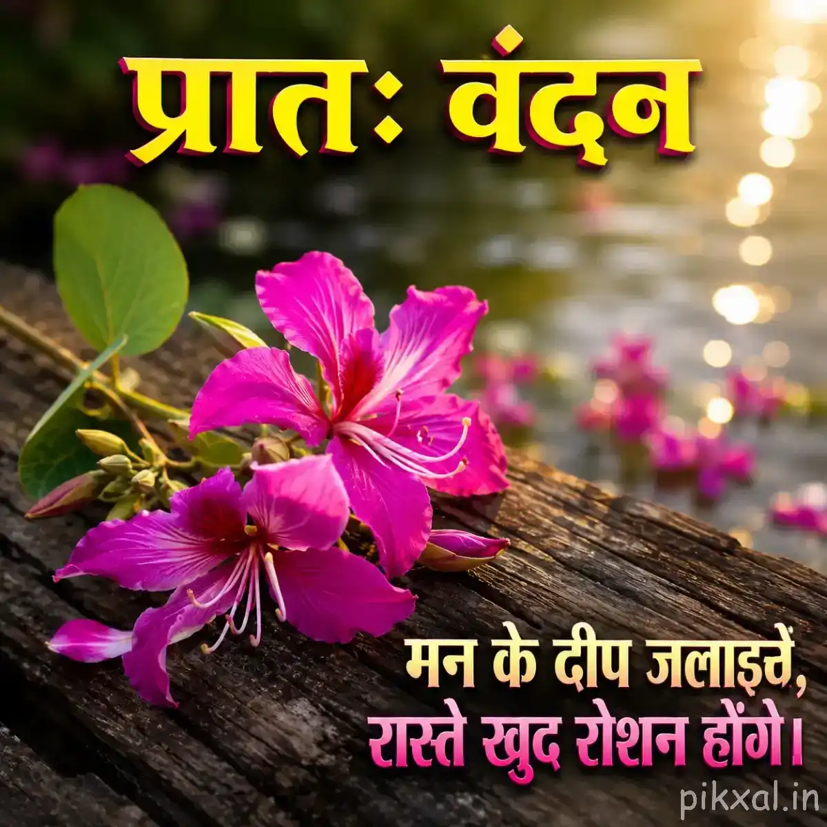 Cluster of vivid pink flowers with elongated petals resting along a wooden log with blurred water behind