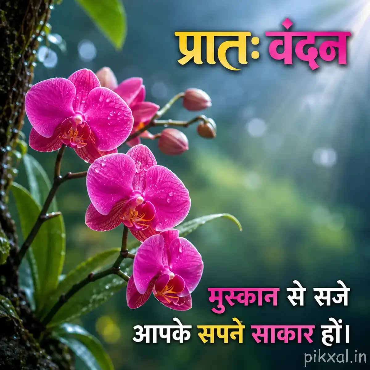 Pink flowers arranged along an arching stem with unopened buds against a blue-green blurred background