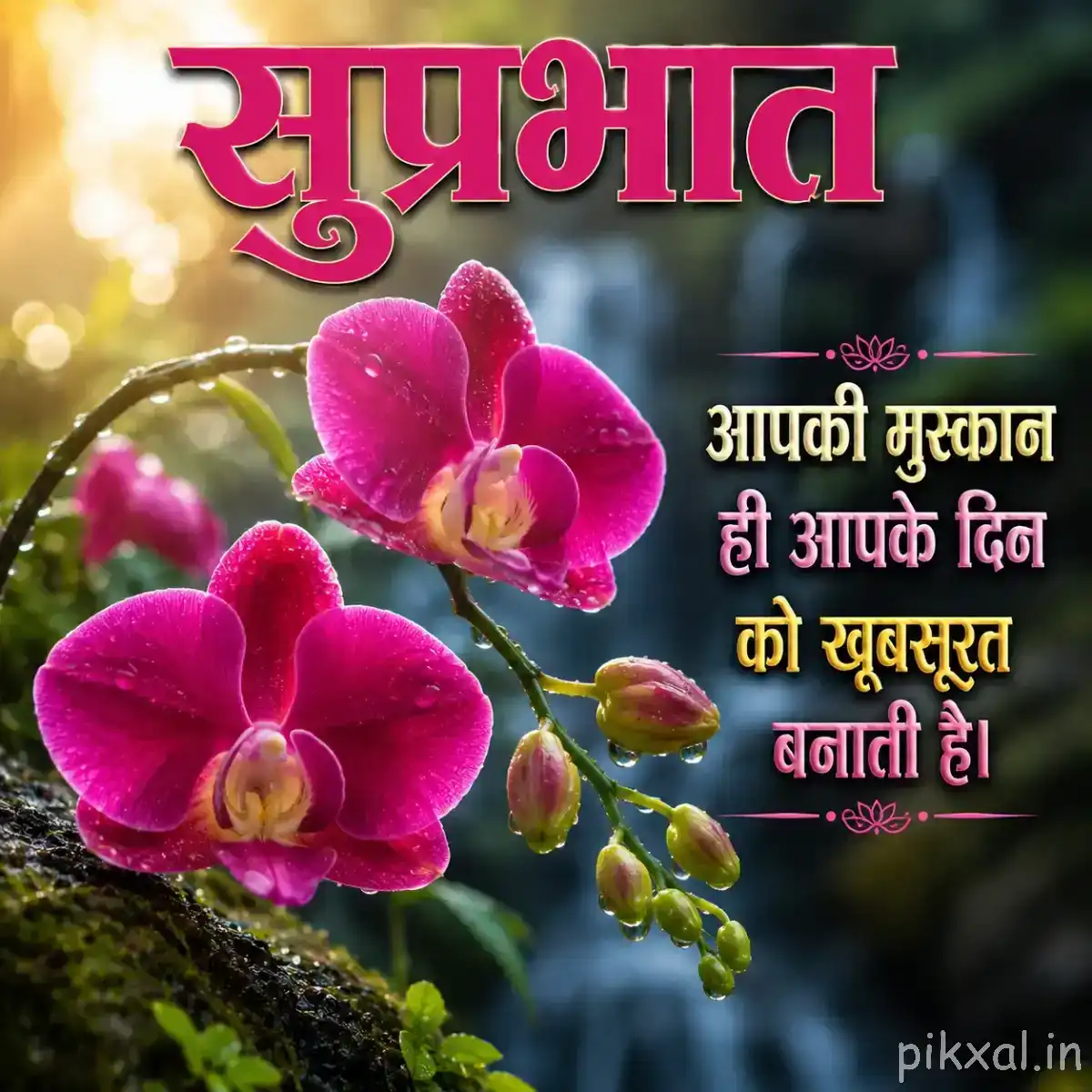 Two vivid pink flowers with rounded petals and several buds on a curved stem with a Hindi Good Morning wish
