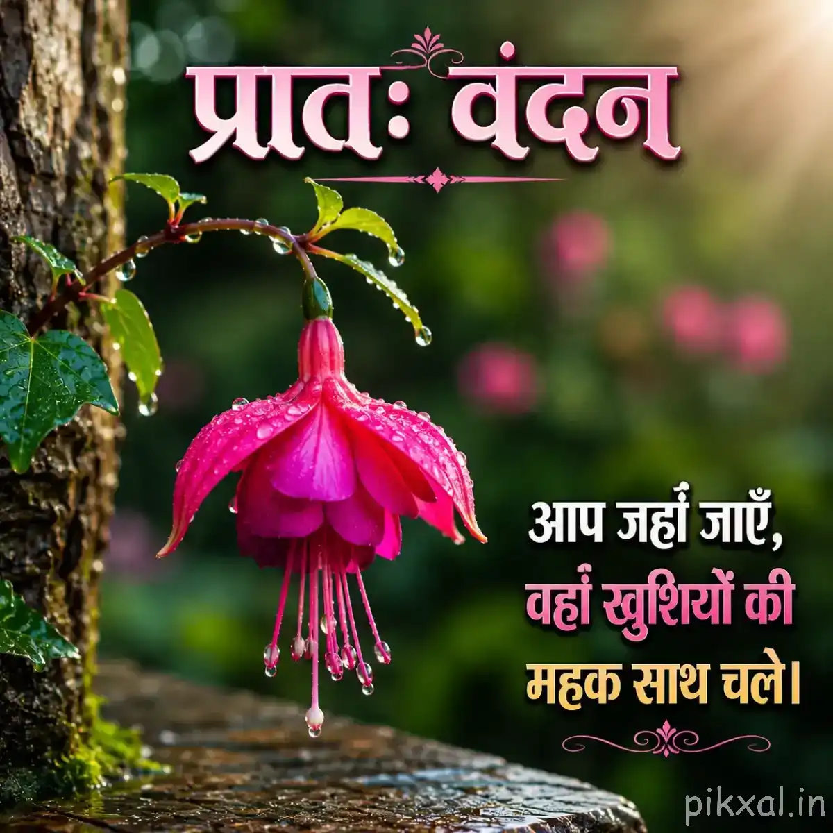 Hanging pink flower with long downward petals and delicate stamens beside a tree trunk and wet ground