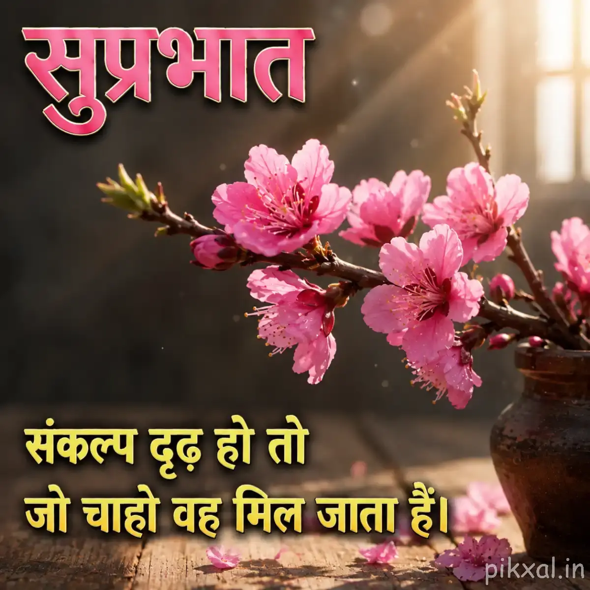 Branch covered with light pink flowers and buds beside a small clay pot in warm sunlight