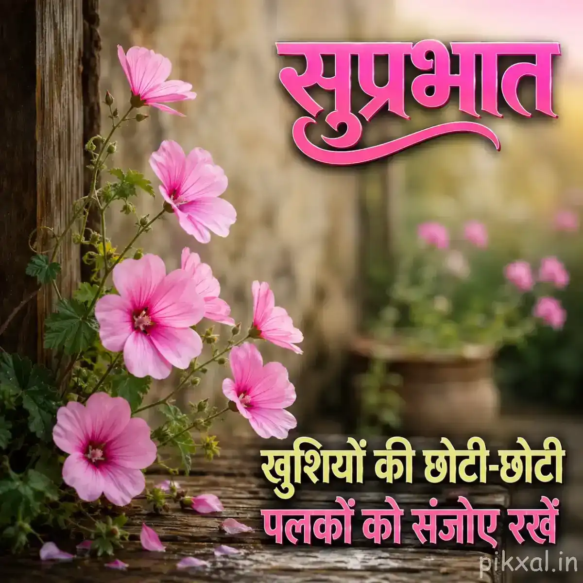 Several light pink flowers growing vertically beside a tree trunk with blurred garden foliage and a Hindi Good Morning wish