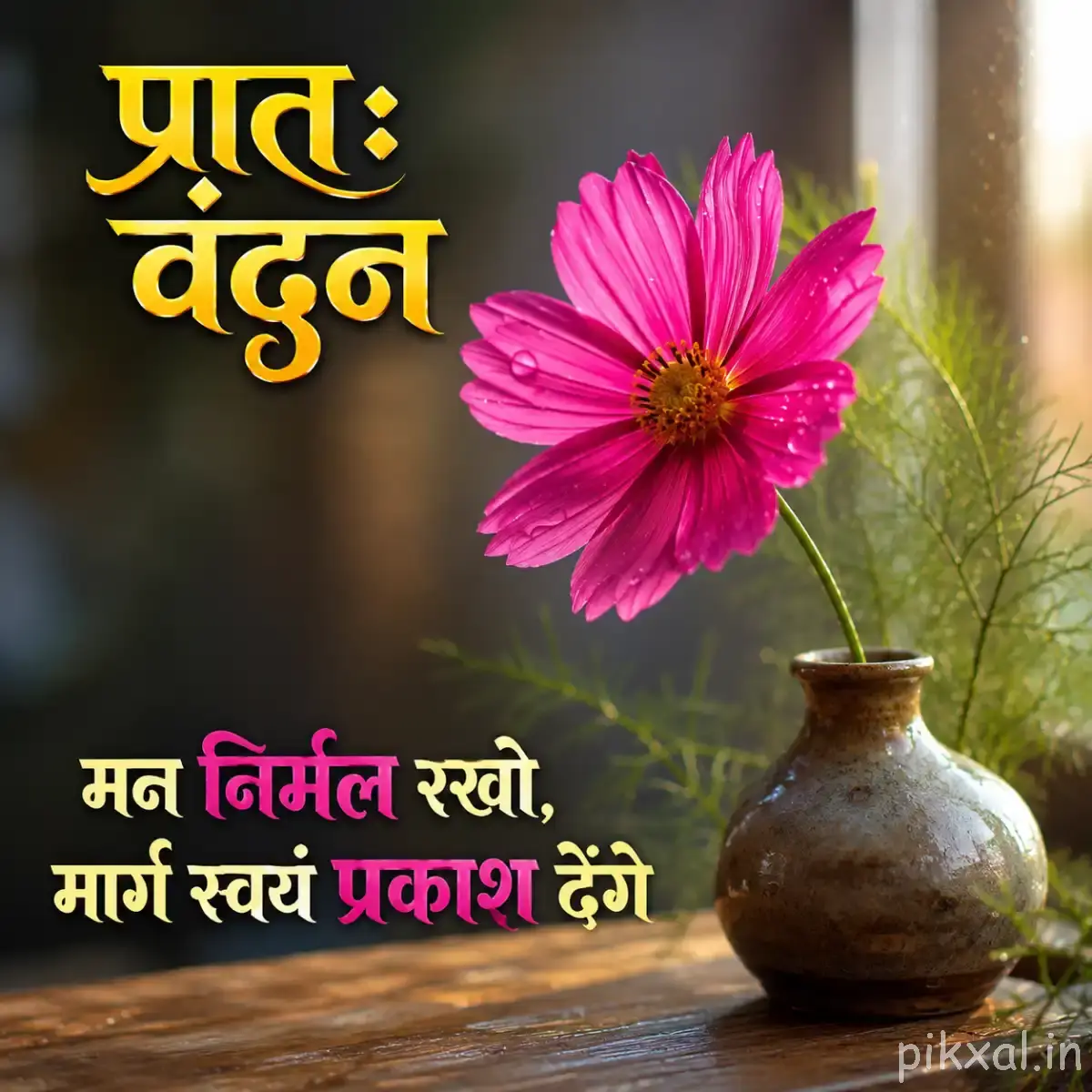 Single bright pink flower with narrow layered petals displayed in a small clay vase against a softly blurred background