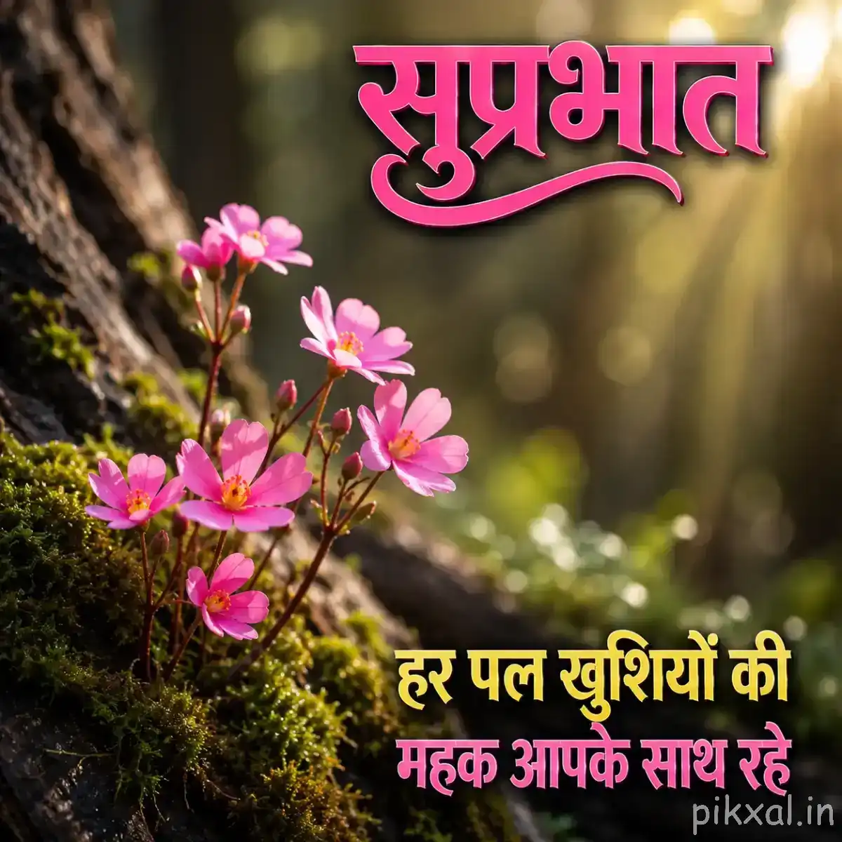Several small pink flowers growing from a moss-covered tree trunk with warm sunlight and blurred greenery