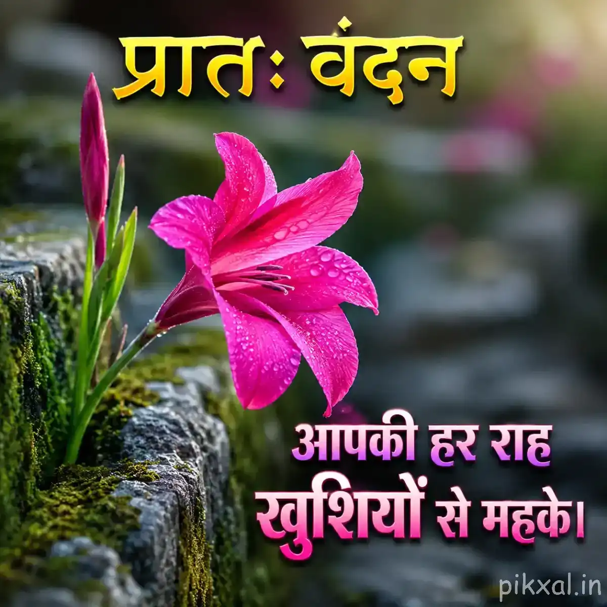 Bright pink open flower with an unopened bud and long green leaves beside a stone surface
