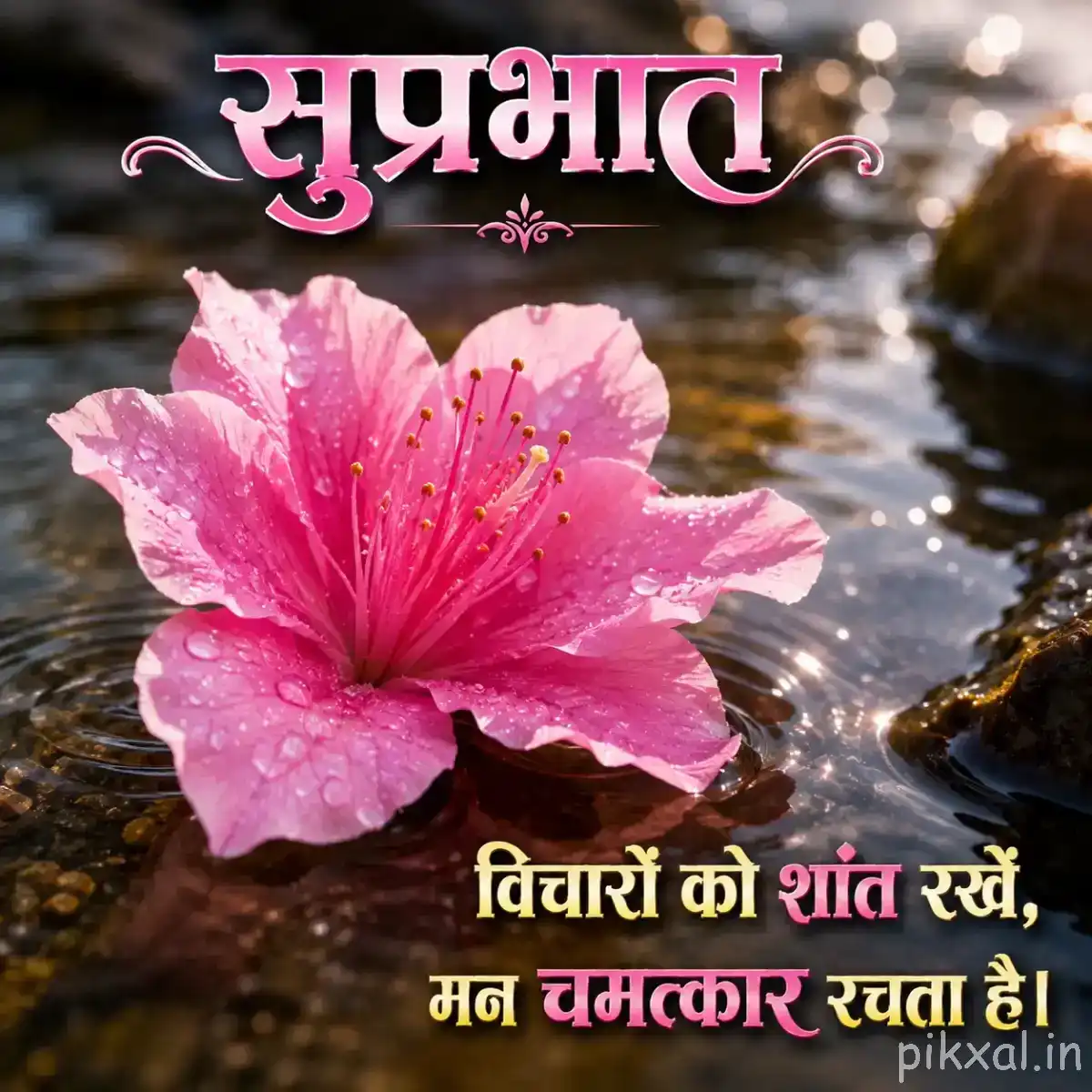 Large pale pink flower with speckled petals beside rippling water and scattered fallen petals