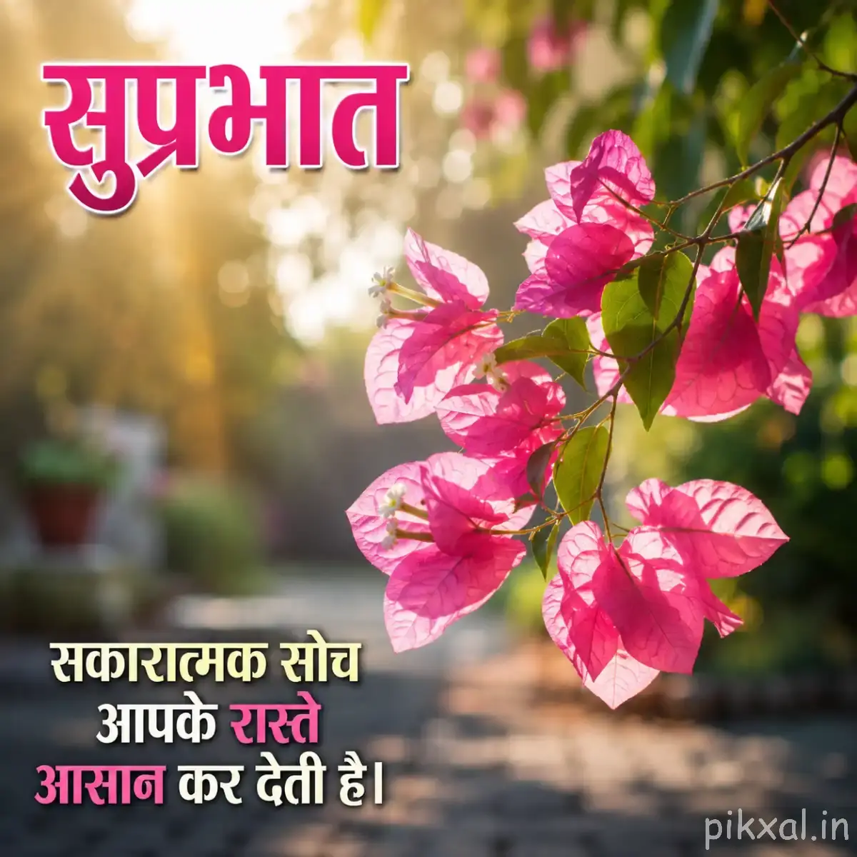 Several pink flowers on a leafy branch with warm sunlight, a pale sky, and a Hindi morning wish