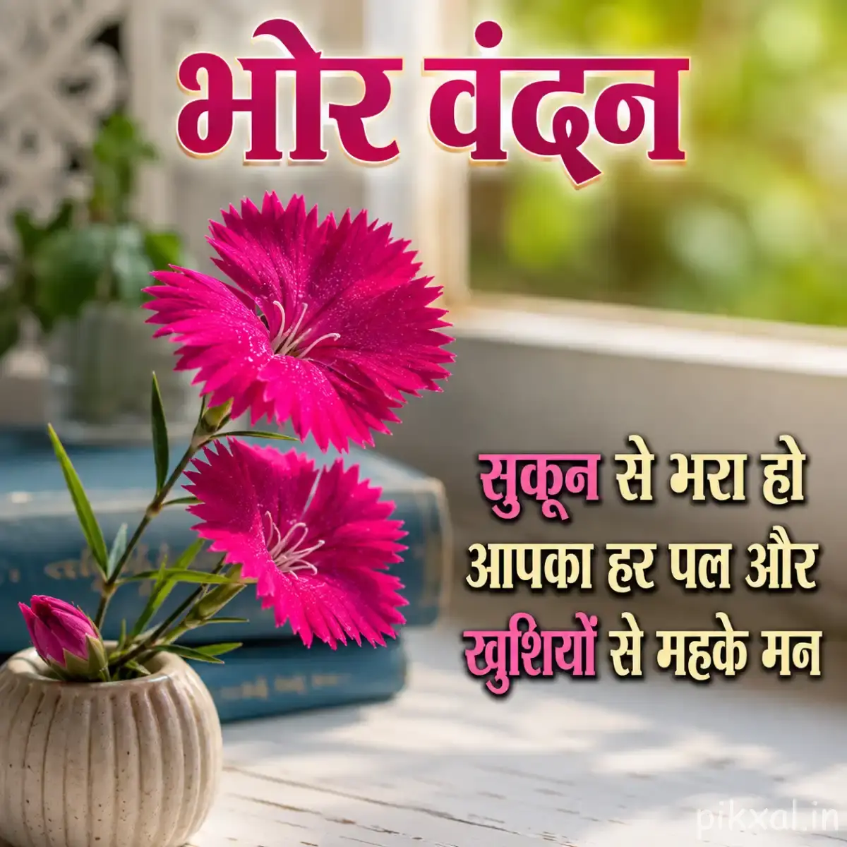 Two bright pink flowers with narrow petals in a white pot against a softly blurred garden