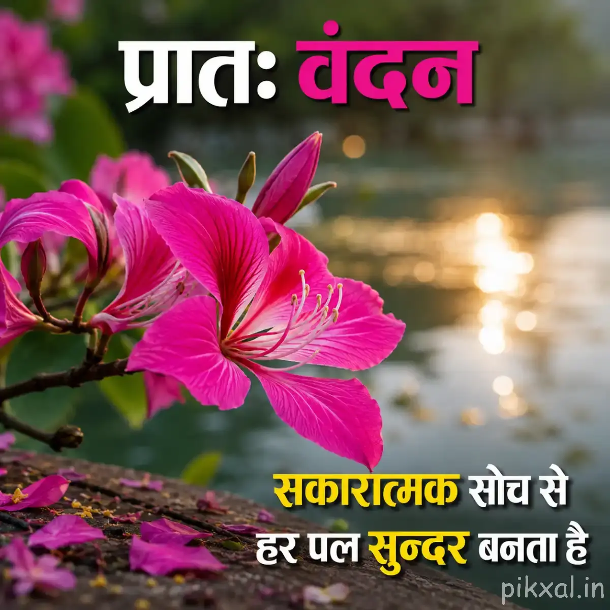 Several bright pink flowers with long petals growing beside calm water and a Hindi morning message