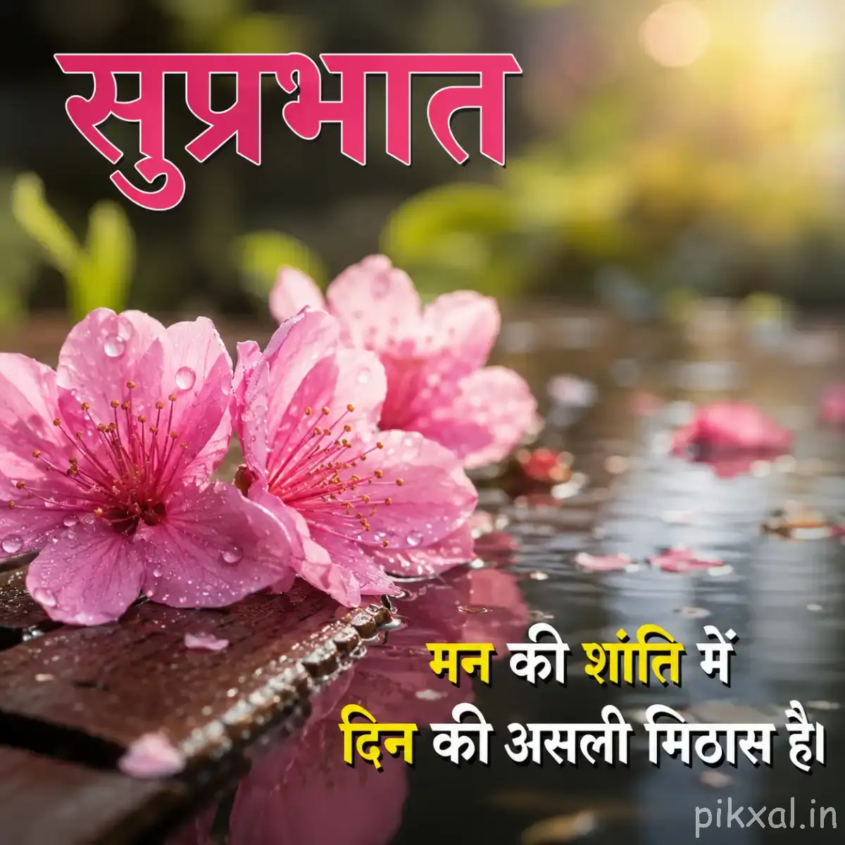 Several pale pink flowers and fallen petals resting beside gently rippling water