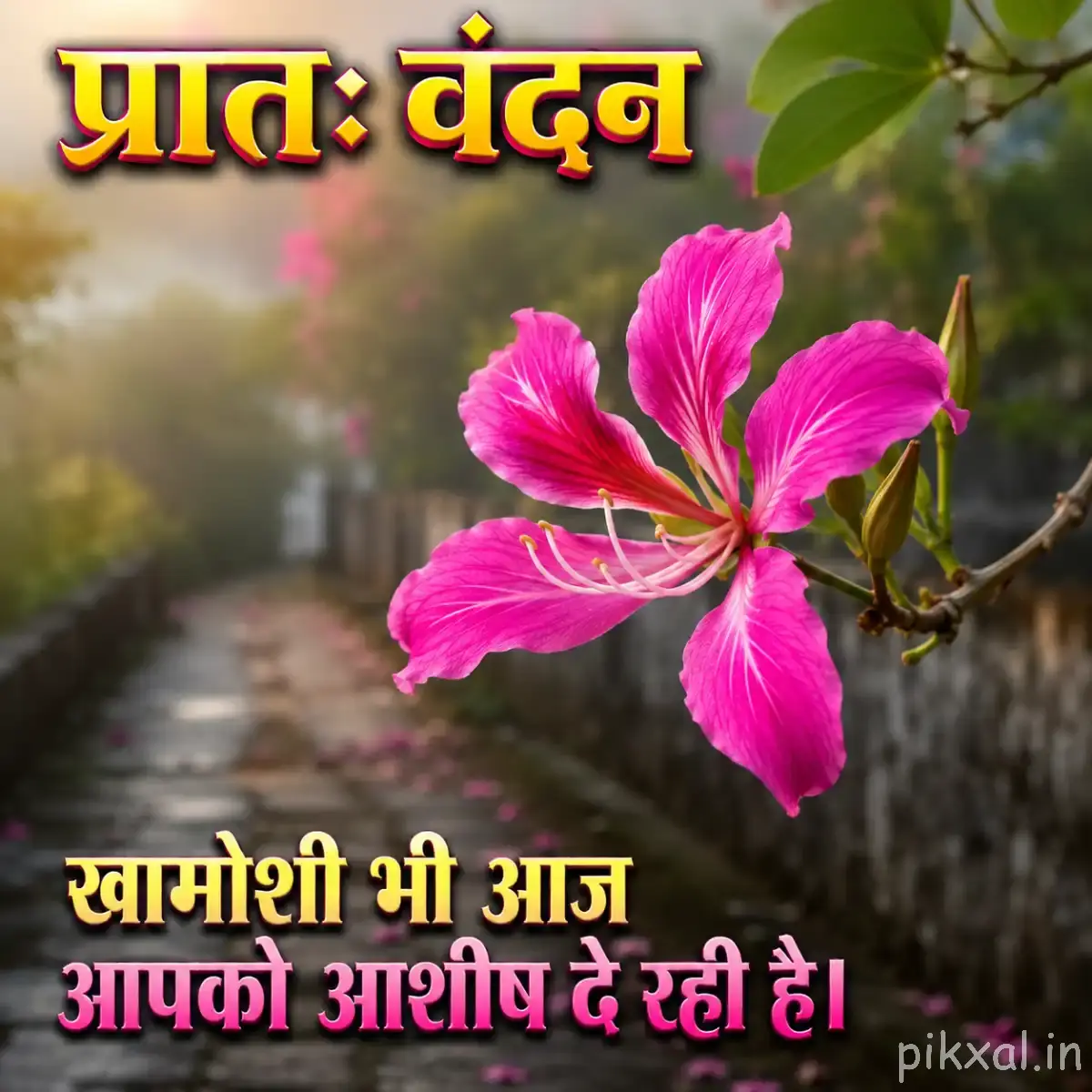 Bright pink flower with elongated petals and buds along a leafy branch beside a wet pathway