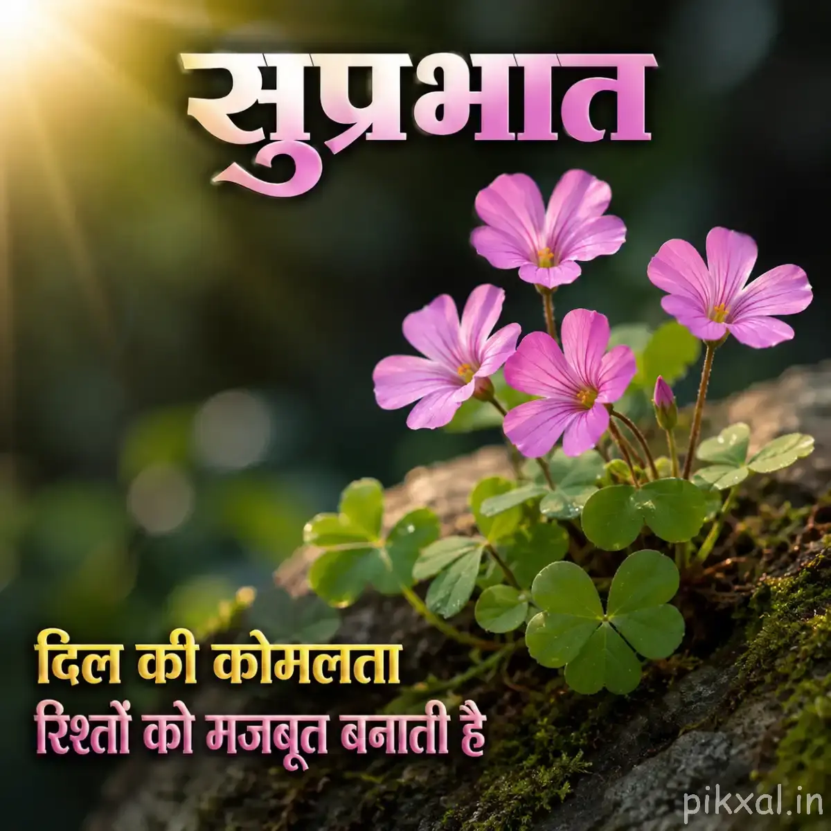 Several small pink flowers with green foliage against dark blurred greenery and warm sunlight