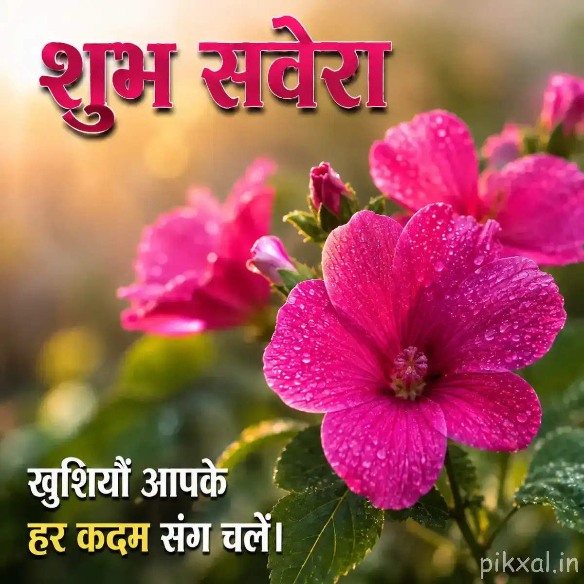 Large vivid pink flower with rounded petals surrounded by green leaves and a Hindi morning wish