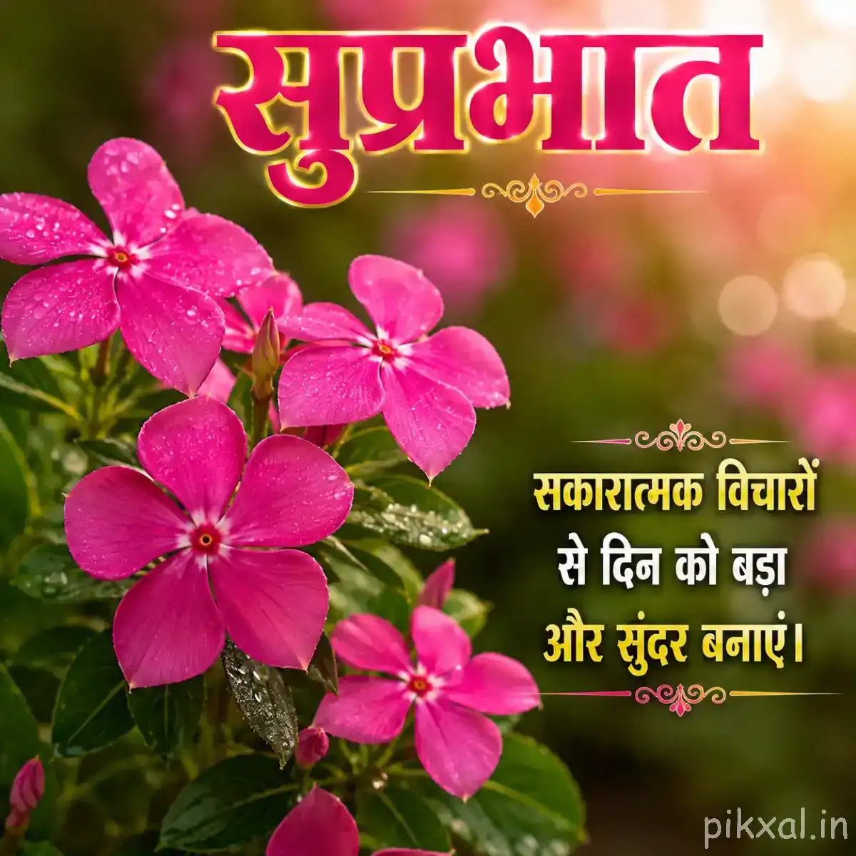 Cluster of bright pink flowers with rounded petals and green leaves against warm golden bokeh