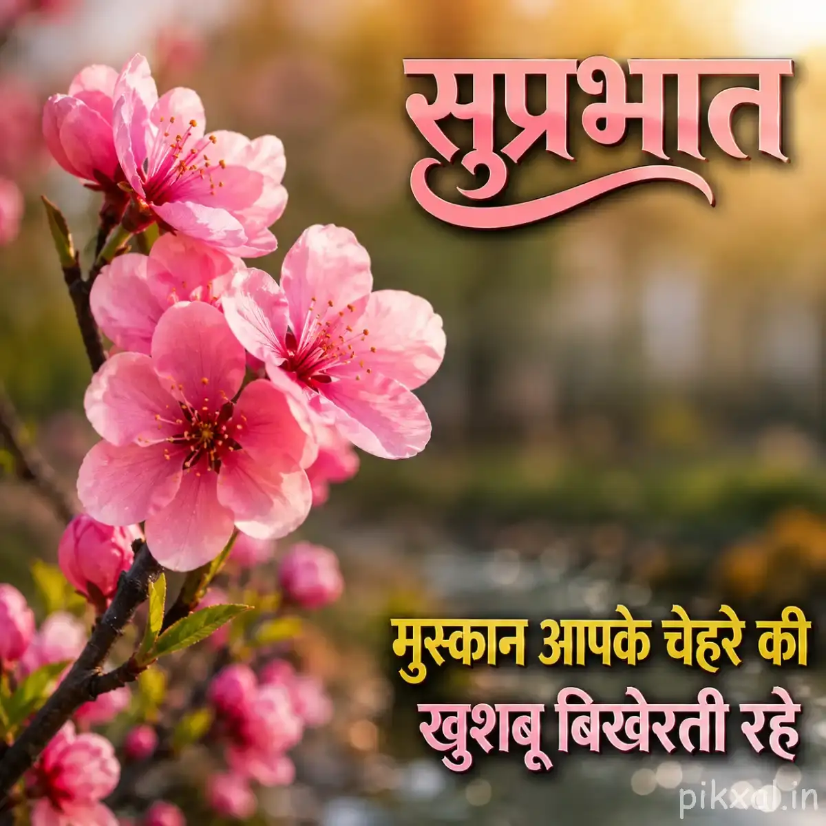 Cluster of pale pink flowers with dark centers on a flowering branch against warm blurred greenery