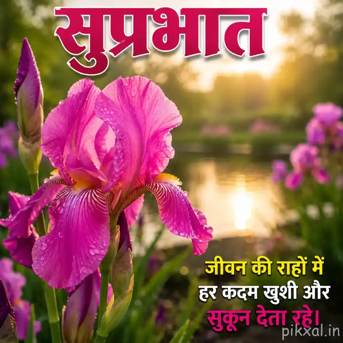 Bright pink flowers with long curved petals and unopened buds beside calm water and warm sunlight