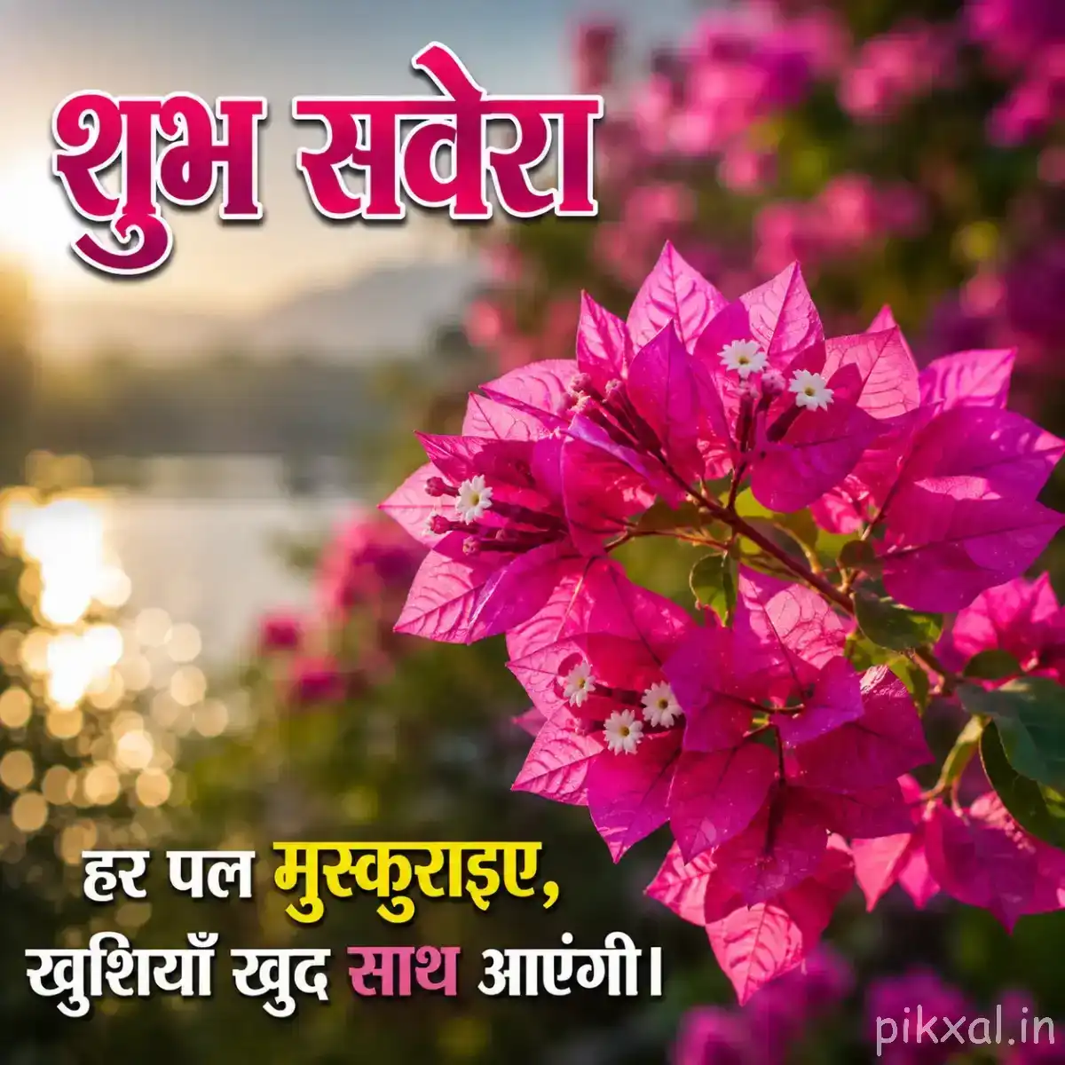 Cluster of vivid pink flowers with green foliage against a softly blurred background and a Hindi morning wish