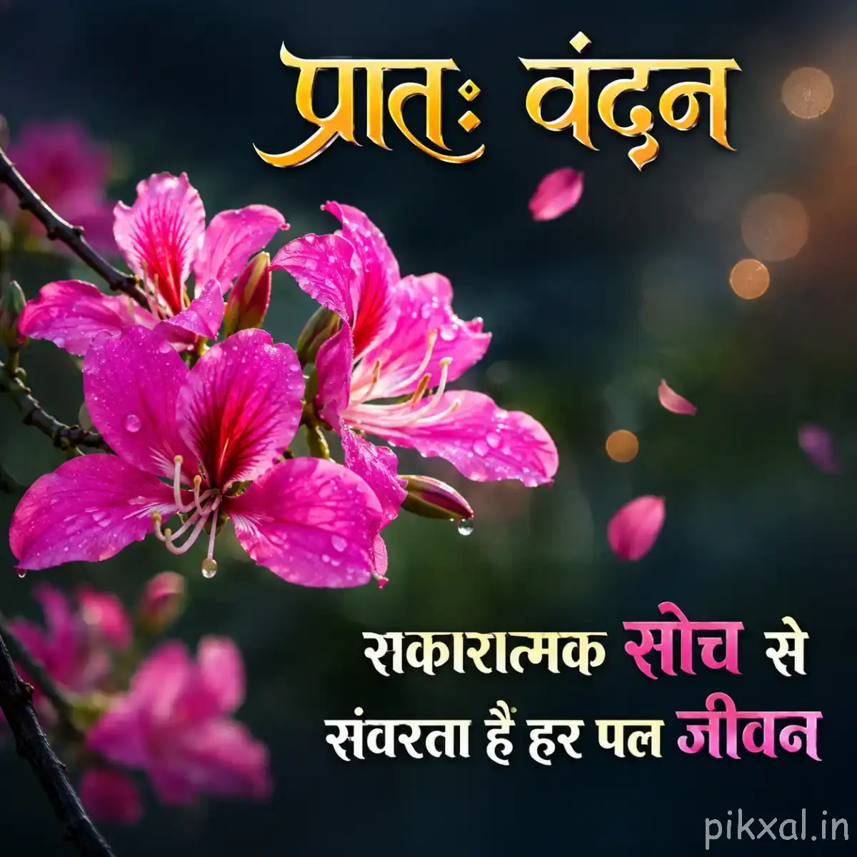Several bright pink flowers with long petals and buds on a leafy branch against dark blurred greenery