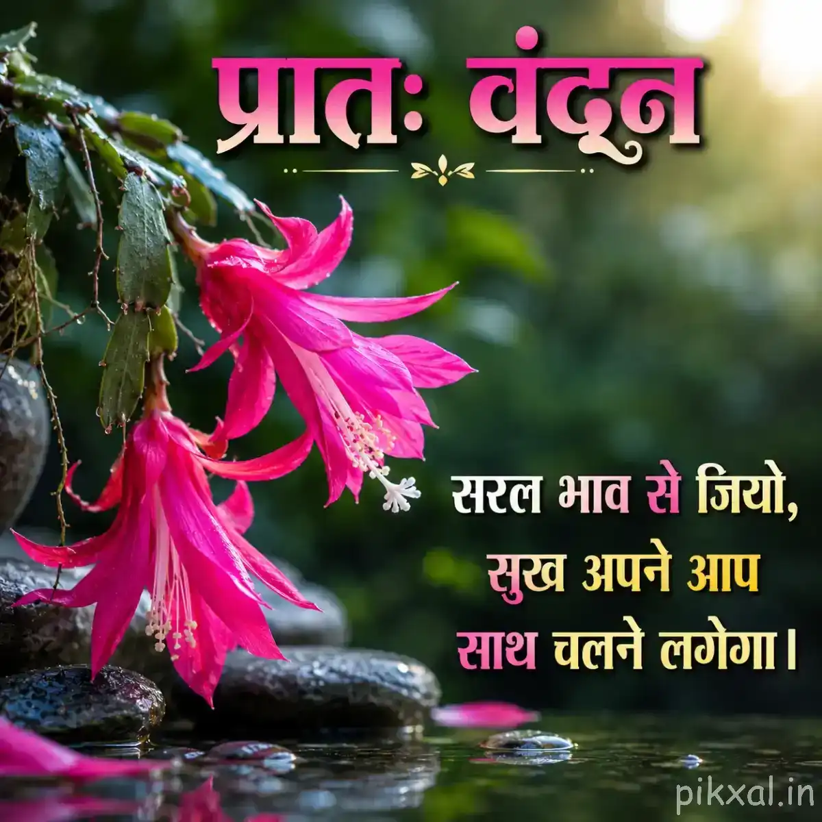Hanging bright pink flowers with elongated petals beside shallow water and green foliage