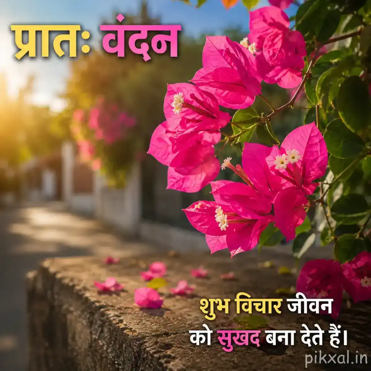 Several bright pink flowers on a leafy branch above a wooden surface with a Hindi morning wish