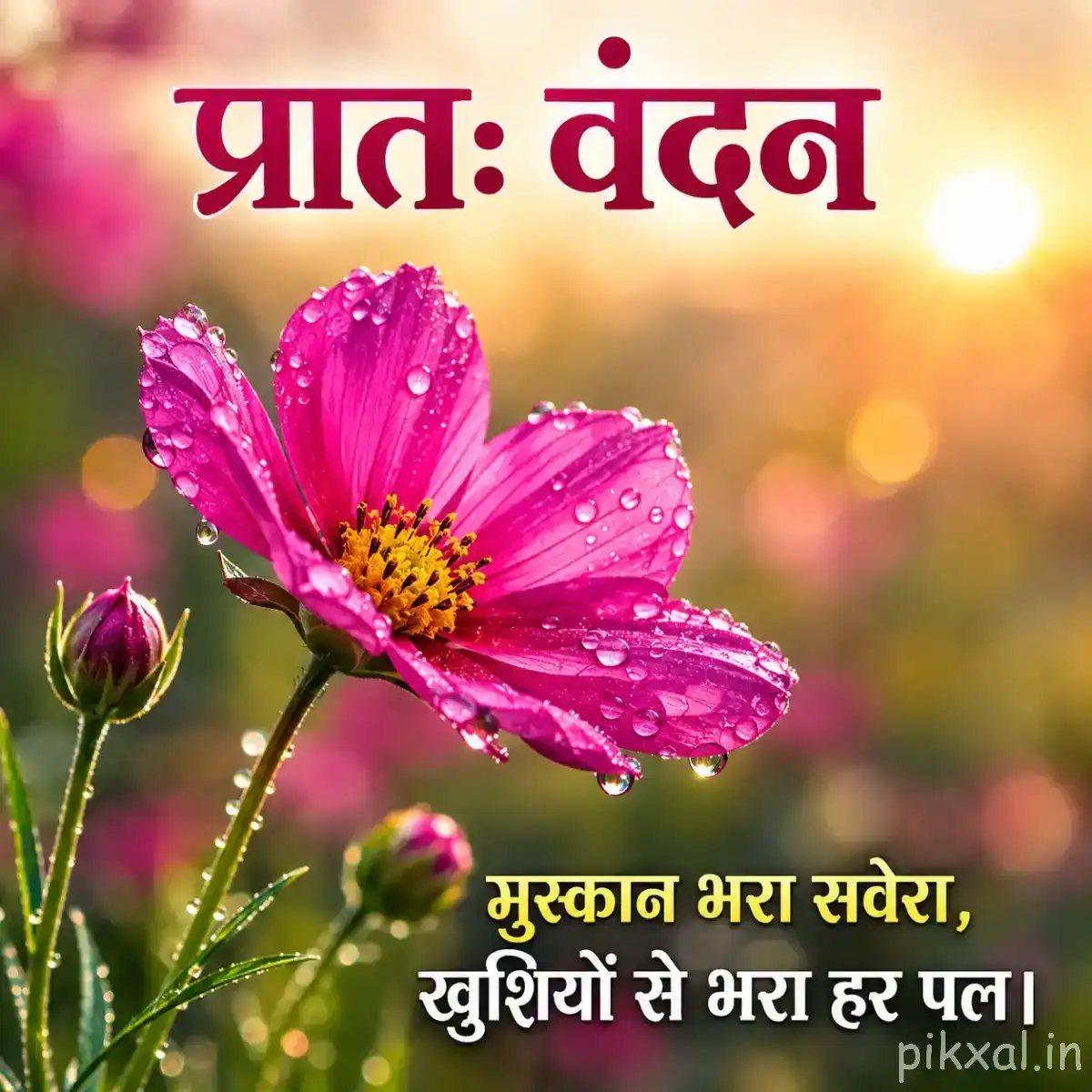 Bright pink flower with water droplets, a yellow center, and an unopened bud against a sunrise