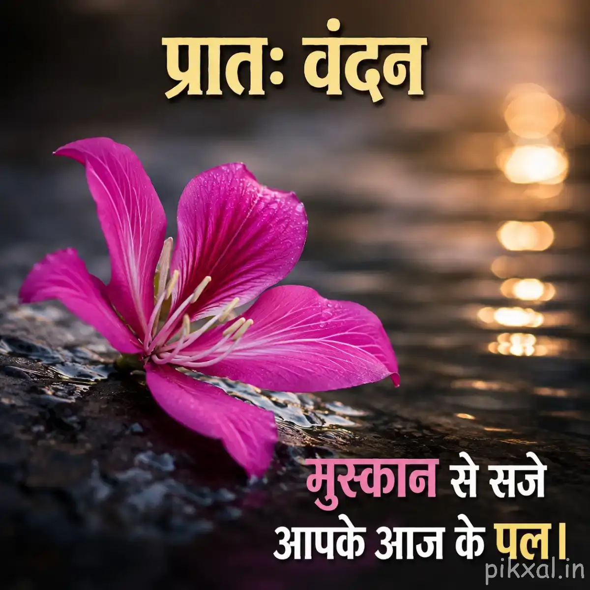 Single vivid pink flower with long curved petals beside shallow water and a Hindi morning wish