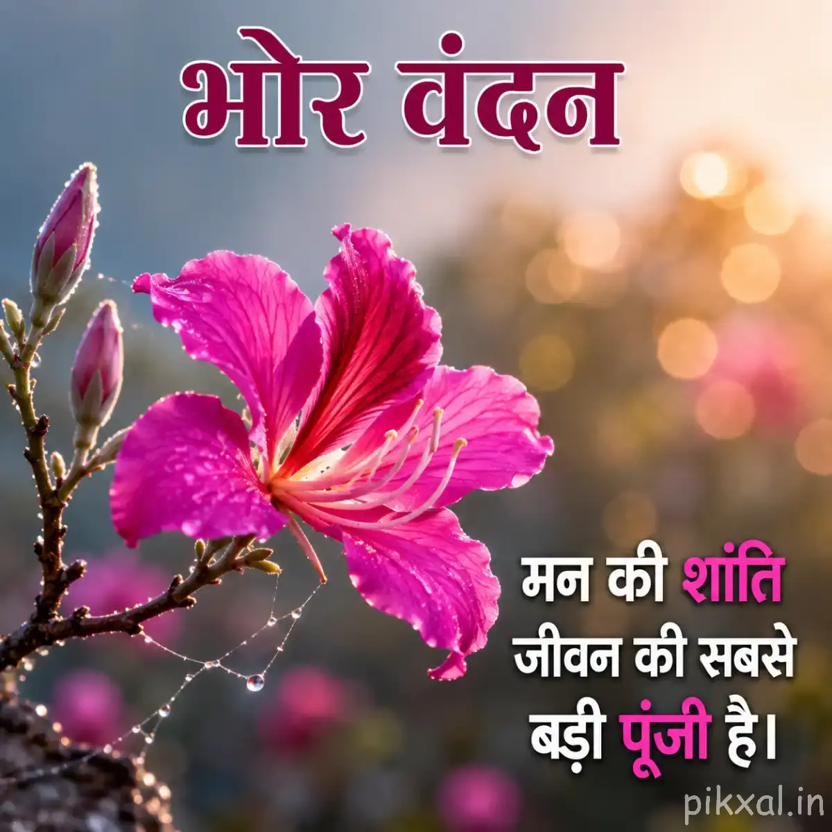 Bright pink flower with elongated petals and unopened buds on a thin branch against warm bokeh