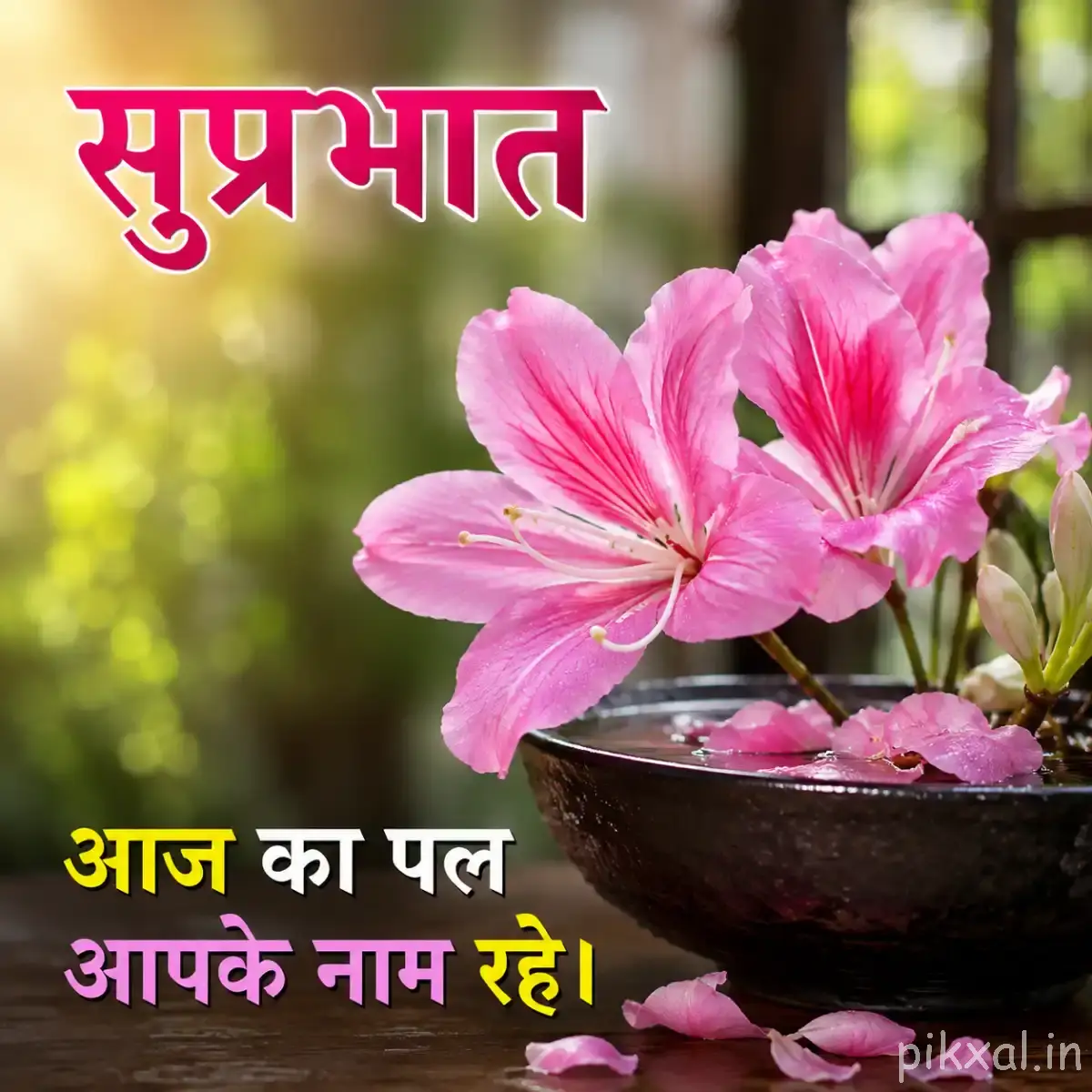 Several pale pink flowers with dark centers in a white pot beside blurred garden greenery