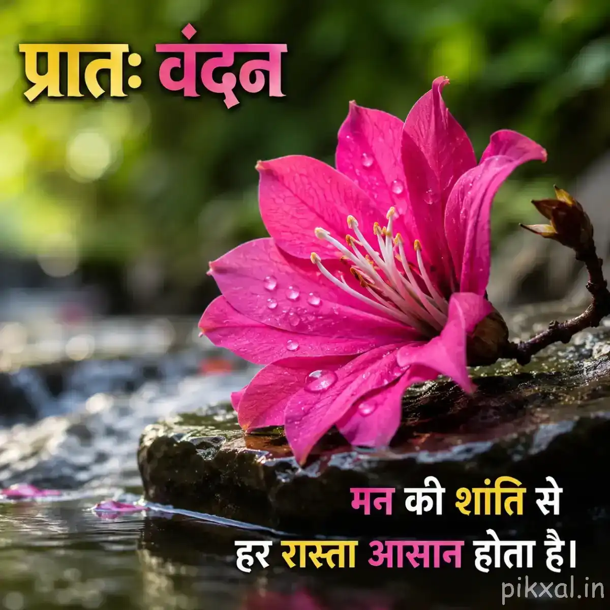 Single vivid pink flower with wide-open petals and a curved stem beside shallow water