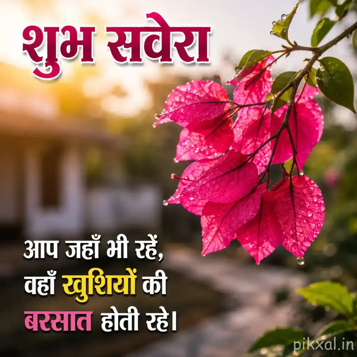 Several bright pink flowers and buds hanging from a leafy branch against warm sunlight