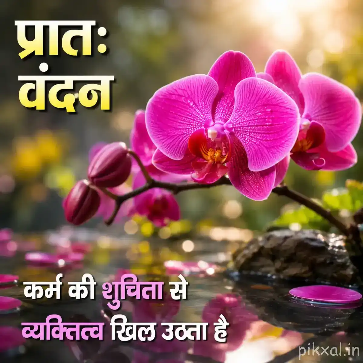 Cluster of pale pink layered flowers beside calm water and a Hindi Good Morning message