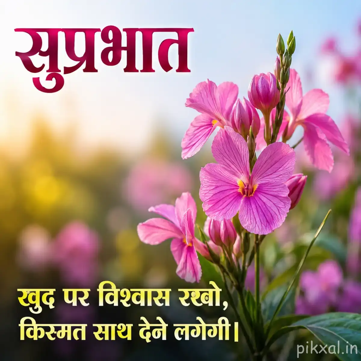 Several light pink flowers with yellow centers on a leafy stem against a bright blurred background