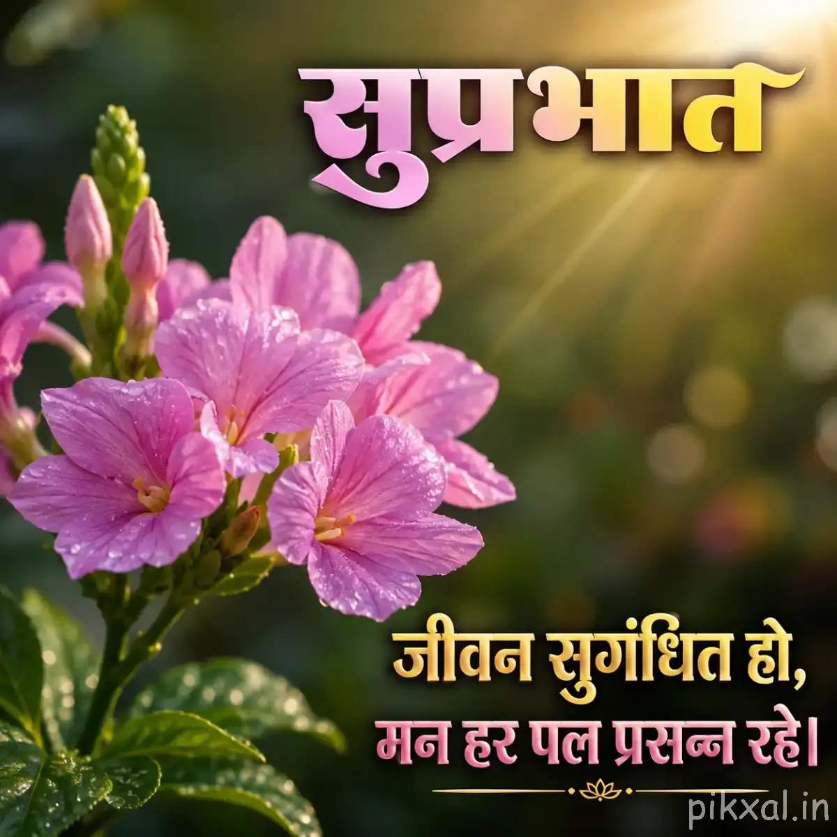 Cluster of pale pink flowers with green leaves and warm sunlight against a softly blurred background