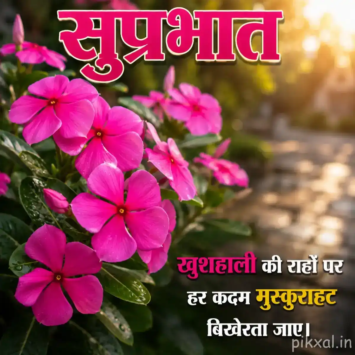 Cluster of bright pink flowers with rounded petals and green foliage in warm morning light