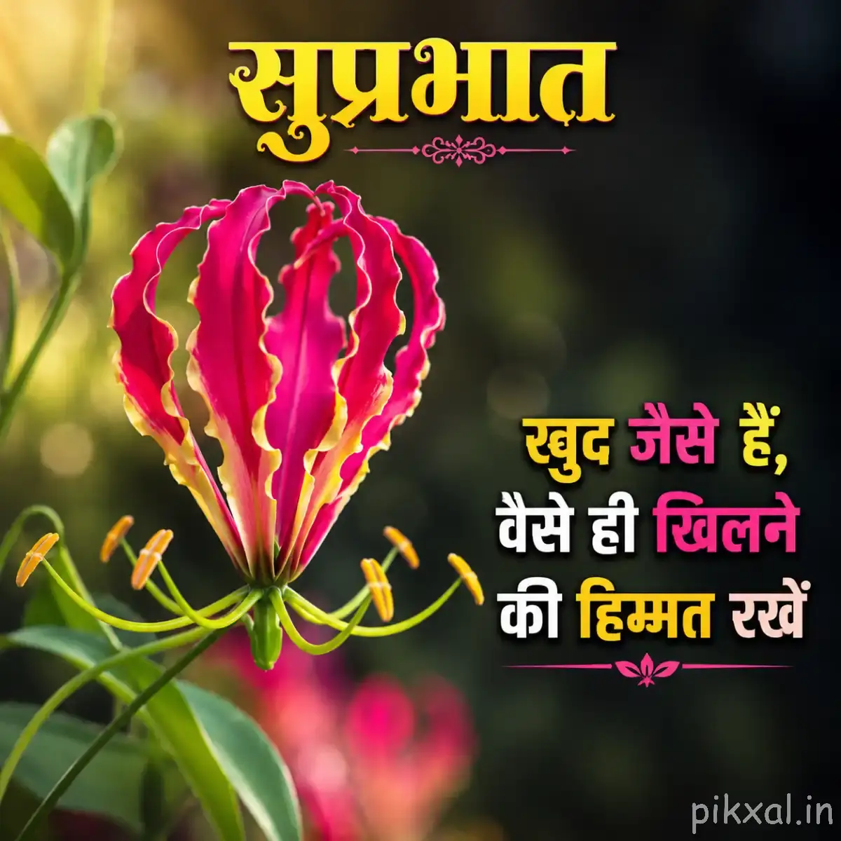 Large pink flower with long narrow stamens and green foliage against a dark background