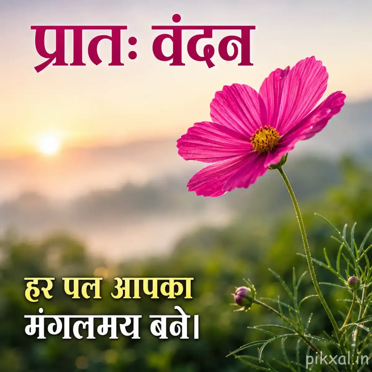 Single bright pink flower with a yellow center and unopened bud against a misty mountain background