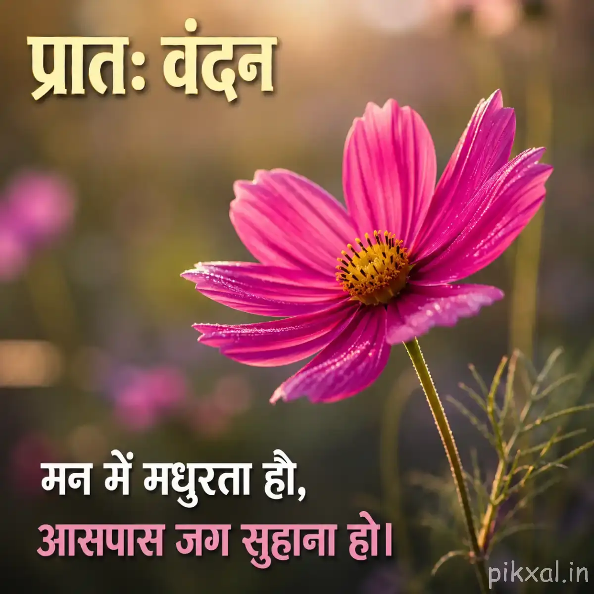 Single pink flower with a yellow center and slender green stem against warm blurred foliage