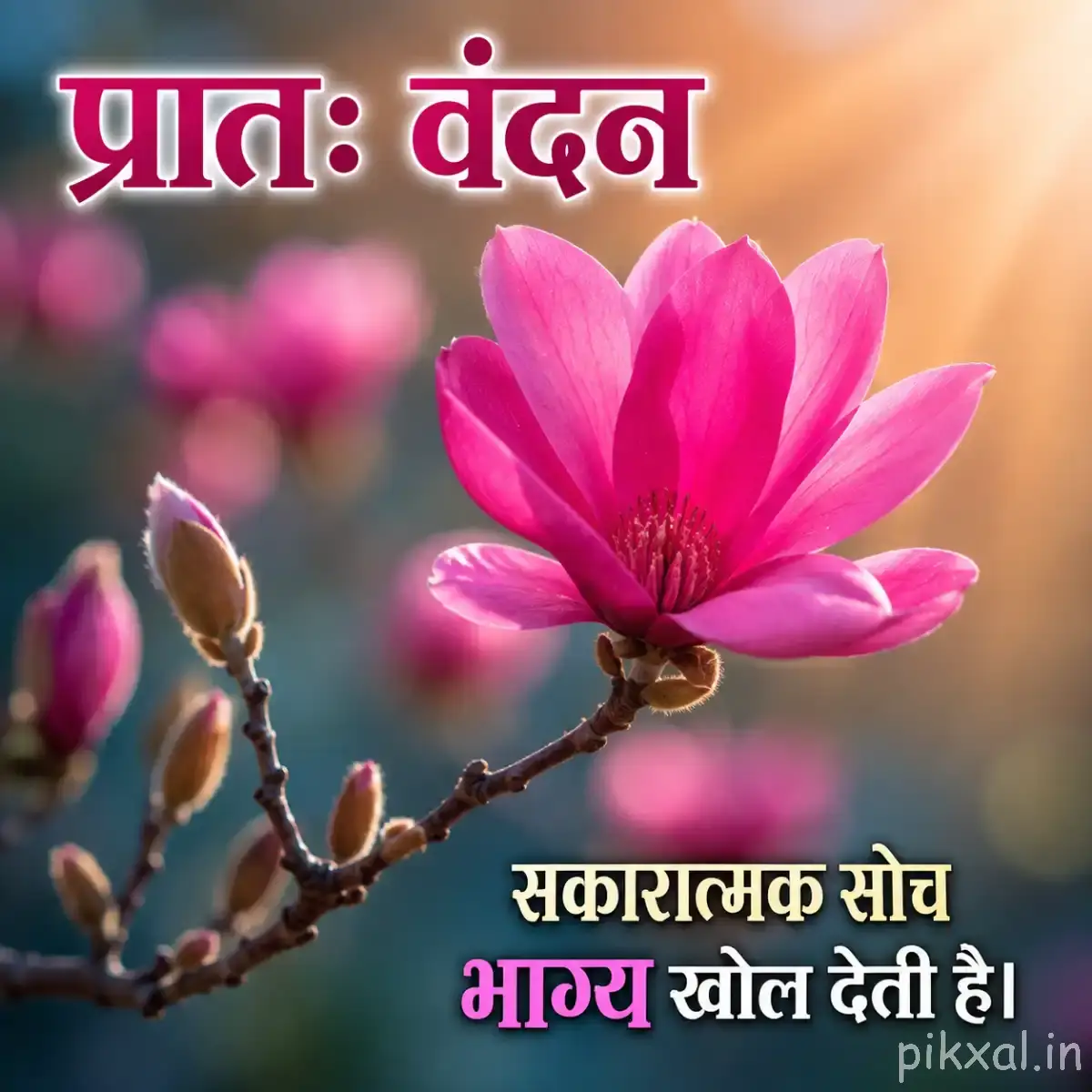 Single light pink flower with layered petals and unopened buds on a flowering branch
