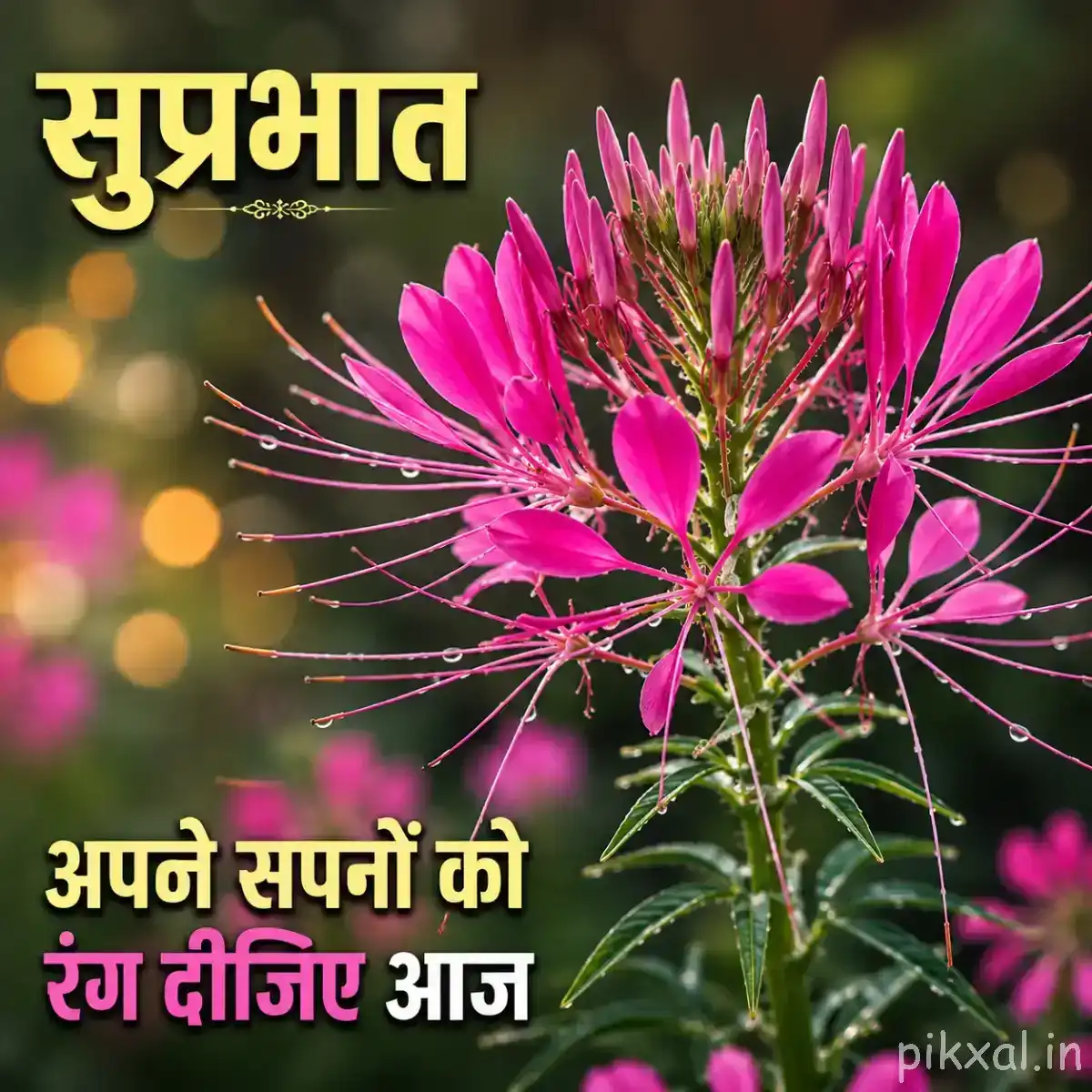 Cluster of bright pink flowers with long thin stamens and green foliage against warm blurred greenery