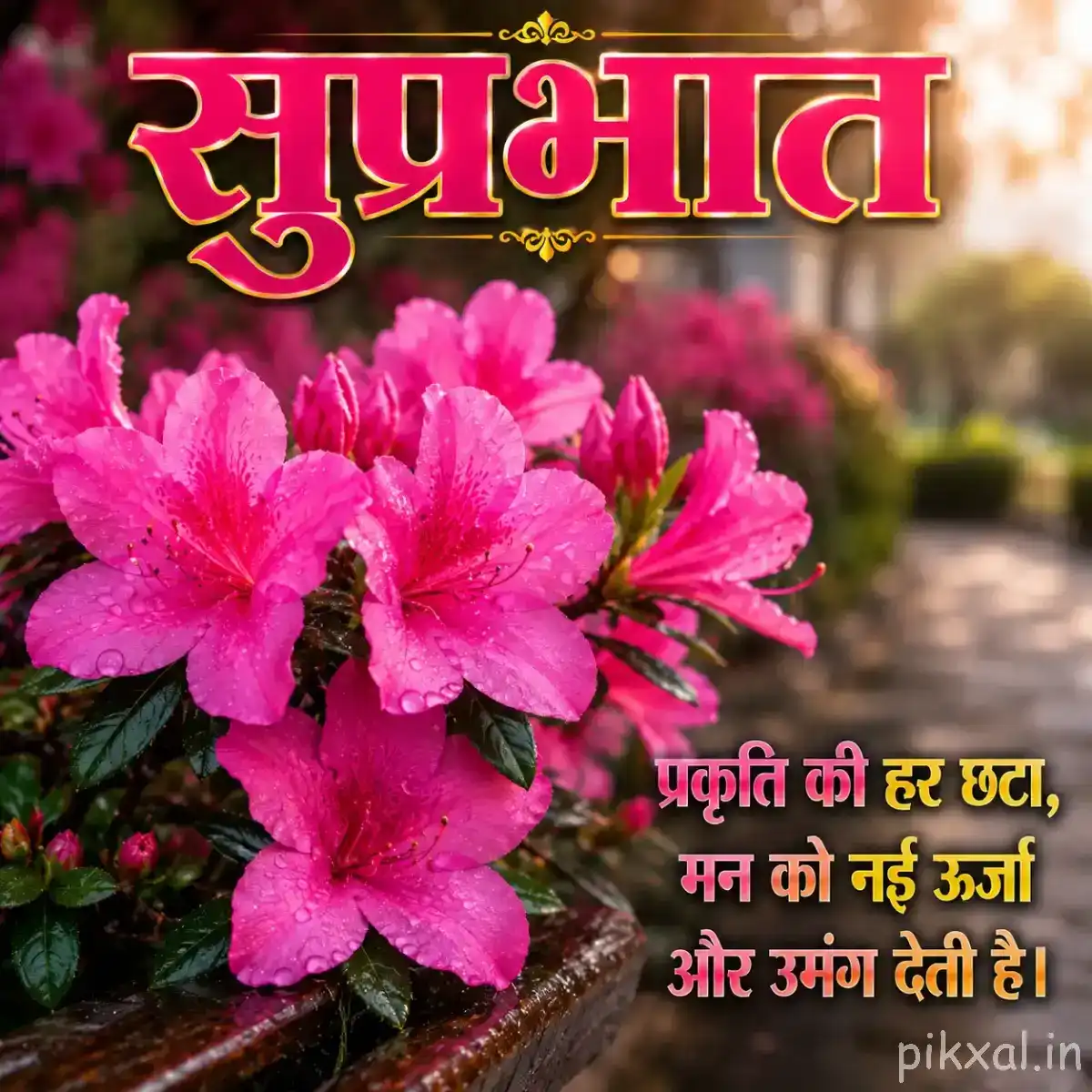 Several bright pink flowers with overlapping petals on leafy stems against a softly blurred garden background