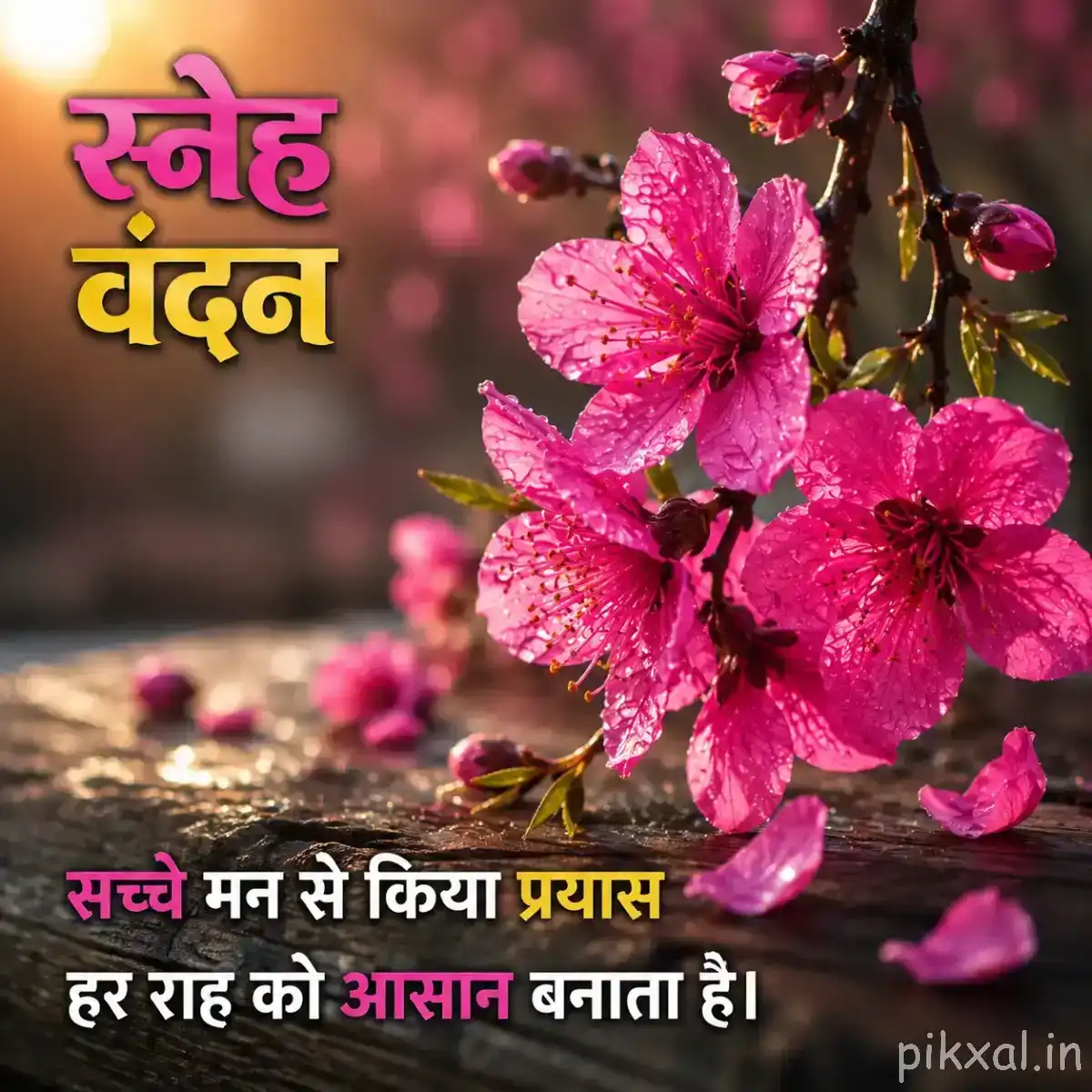 Several vivid pink flowers and buds growing along a dark flowering branch with a Hindi morning wish
