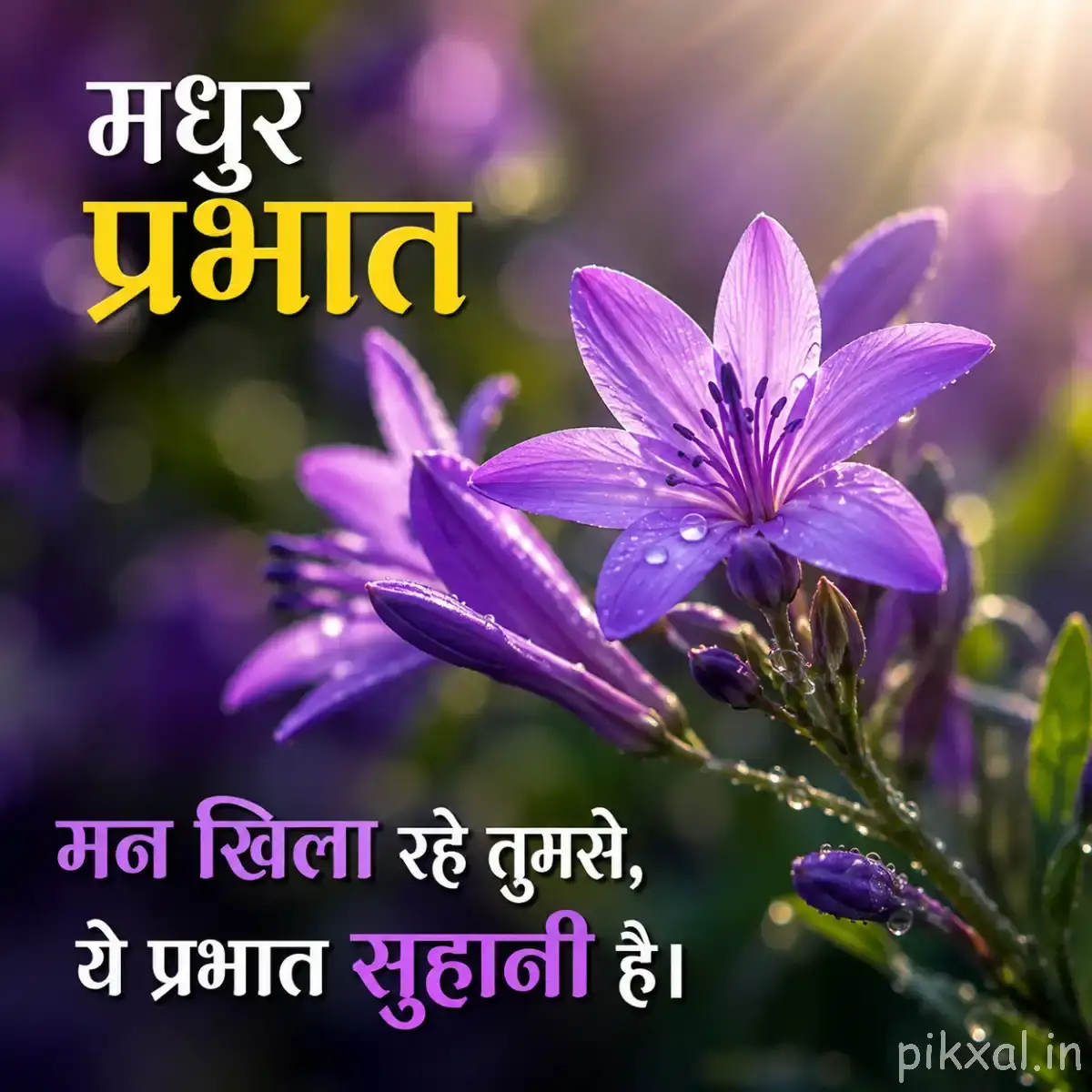Three purple flowers with pointed petals and slender stems against a softly blurred background